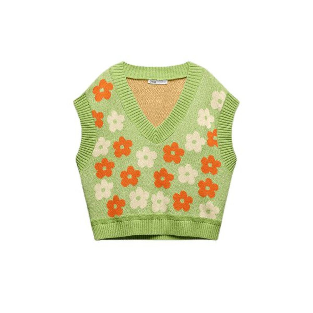 Zara lime green with cream and orange flowers jacquard knit vest, NWOT, size M